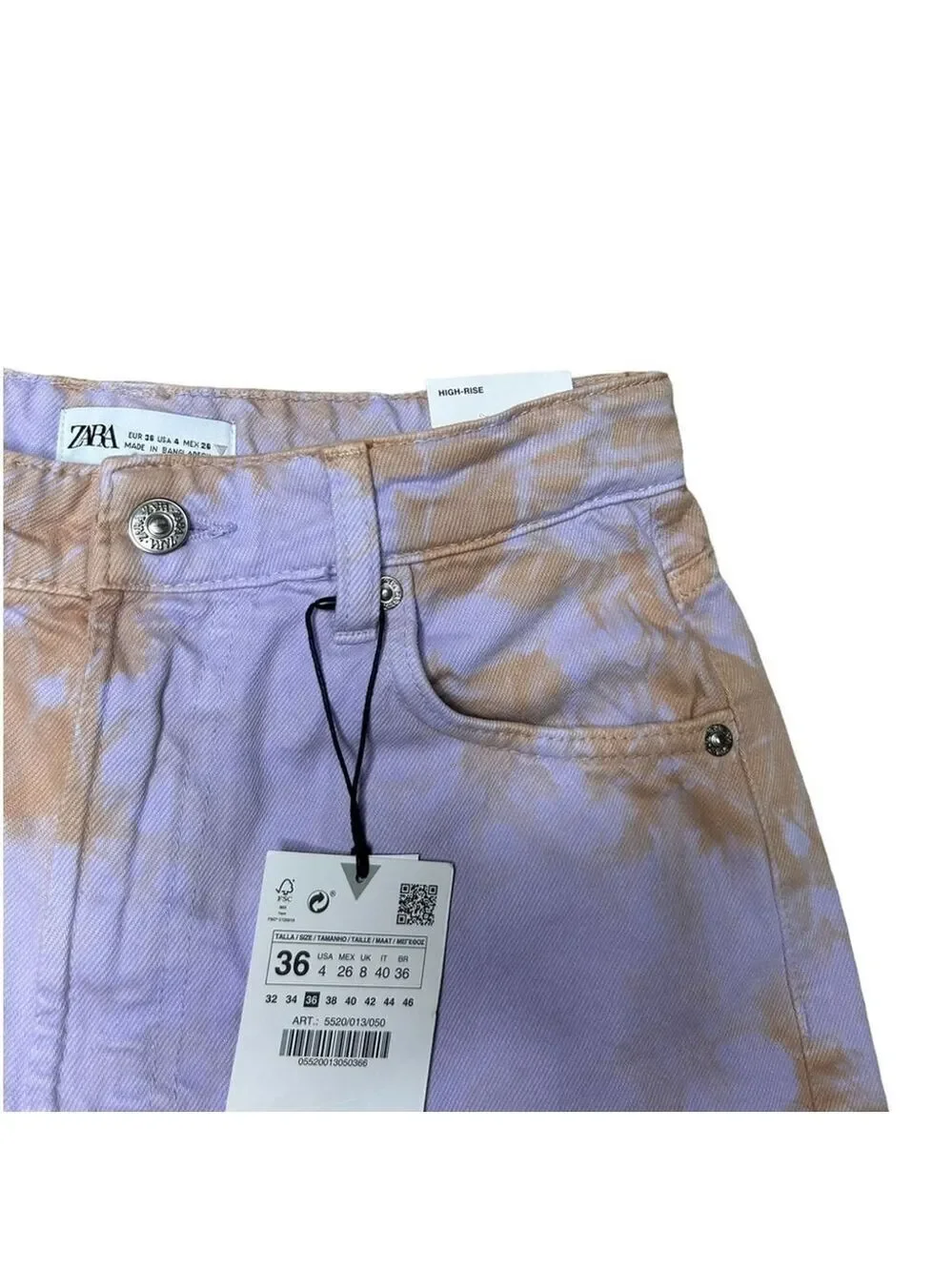 Zara Retro Tie Dye Purple Orange Denim High Rise Baggy Jean Shorts Size US 4